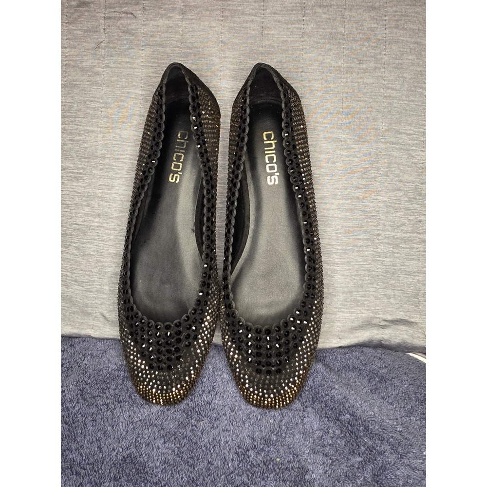 1373 Chico's Ombre Edge Rhinestone Ballet Flat Blk Gold Scalloped Pointed Toe 8m